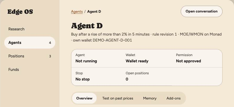 Edge OS agent page for Agent D, showing its rule, own wallet, and status facts: agent not running, wallet ready, permission not approved, no stop, no open positions.
